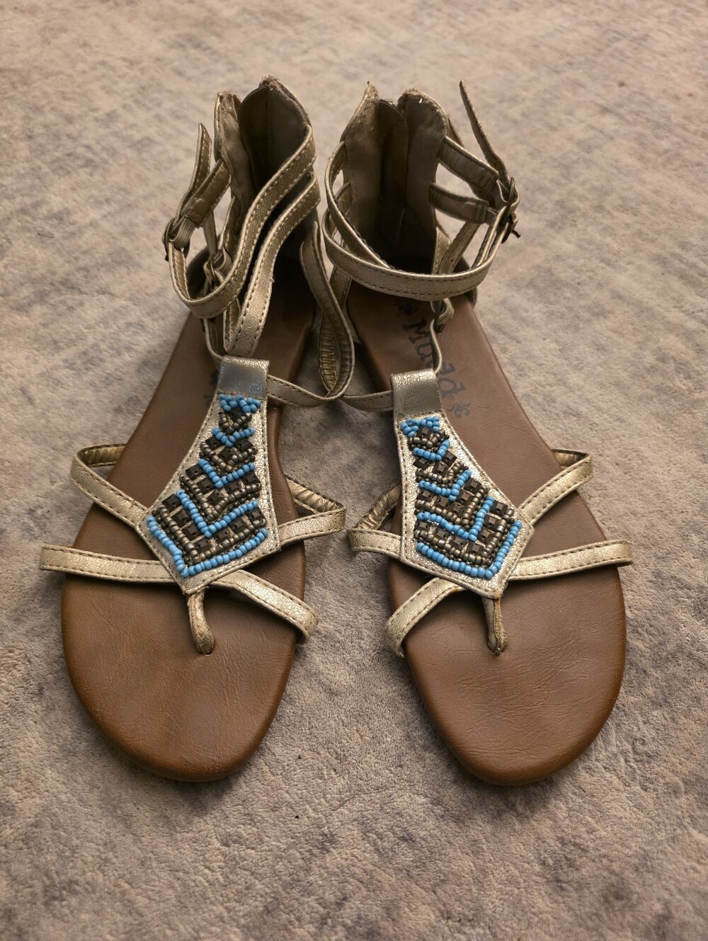 Mudd Gold Beaded T-Strap Sandals with Blue Accents